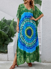 Boho Cover Up Dress Bat Sleeve V Neck Tie Dye Slight Stretch
