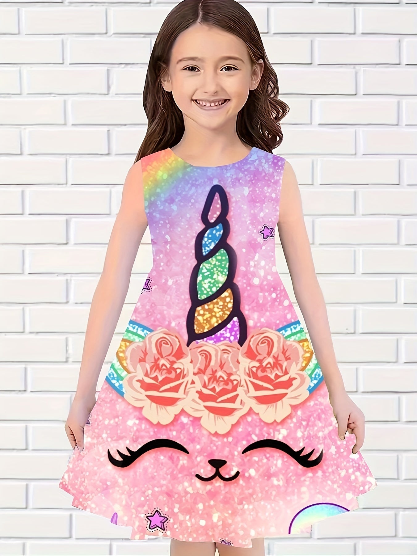 Sweet Unicorn Print Dress Girls Sleeveless Summer Party Gift