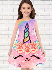 Sweet Unicorn Print Dress Girls Sleeveless Summer Party Gift