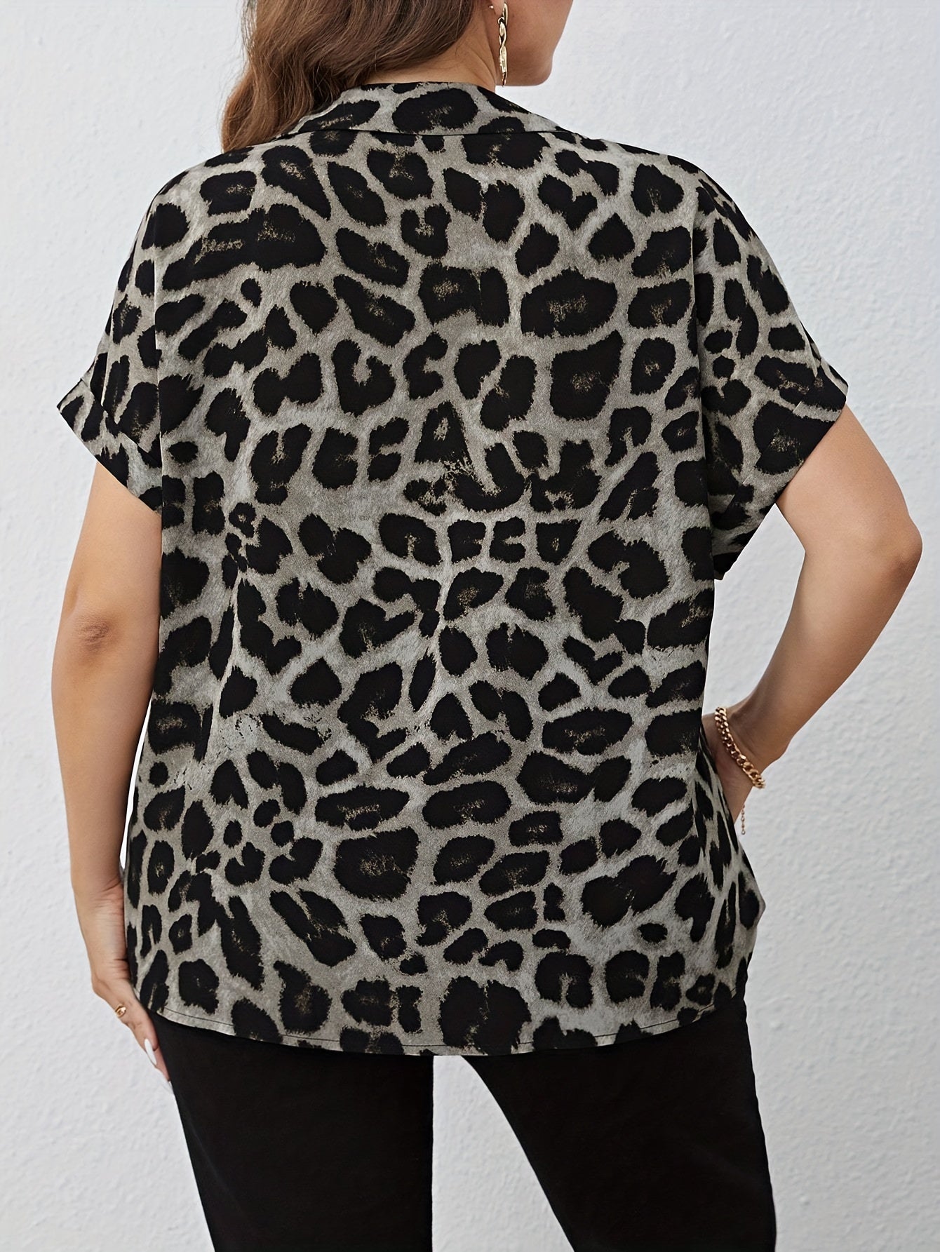 Women's Plus Leopard Button Up Bat Sleeve Blouse