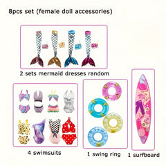 8pcs Doll Swimsuit Set 4 Swimsuits 2 Mermaid Skirts Surfboard Bikini Beach Toys