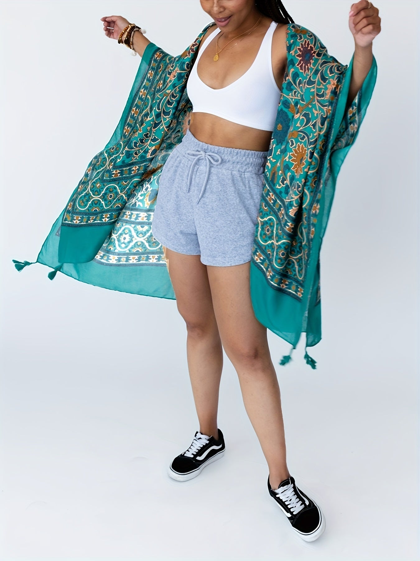 Floral Print Bat Sleeve Tassel Cover Up Cardigan