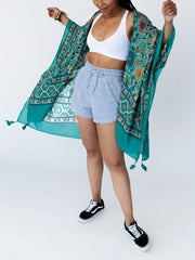 Floral Print Bat Sleeve Tassel Cover Up Cardigan