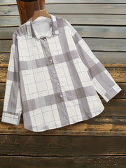 Grid Print Button Up Long Sleeve Blouse