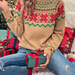 Geo Pattern Crew Neck Pullover Sweater Long Sleeve Raglan Shoulder