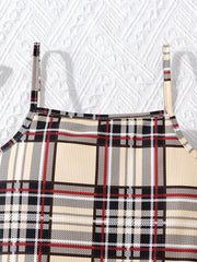 Plaid Print Square Neck Spaghetti Strap Bodycon Dress