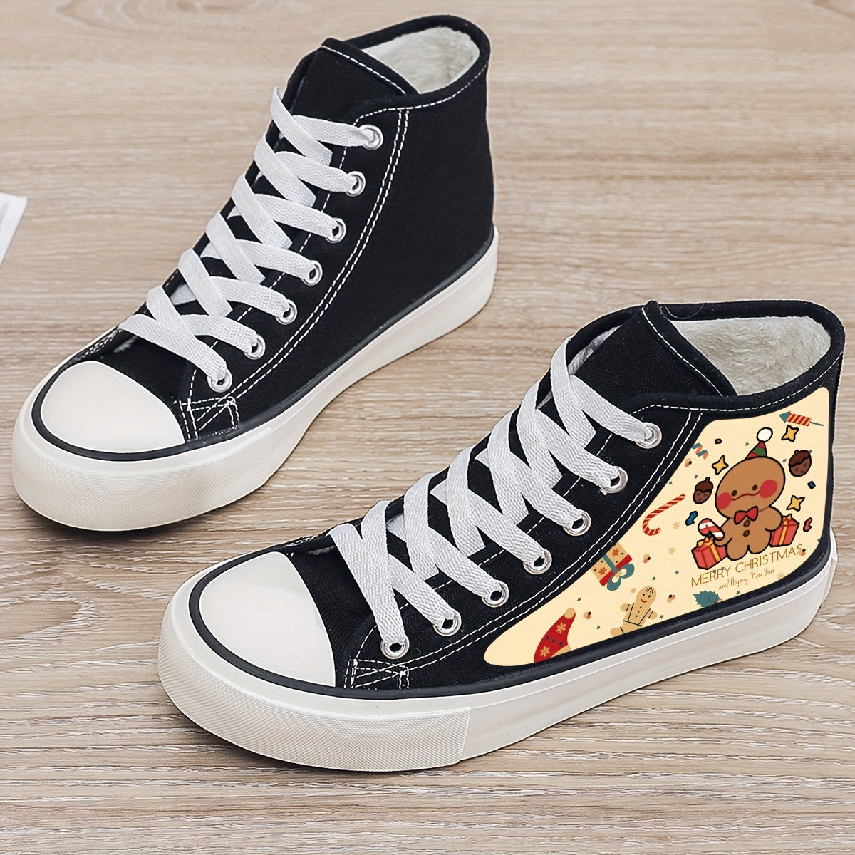 Christmas Cartoon Print Plush Lined Thermal Chunky Canvas Sneakers