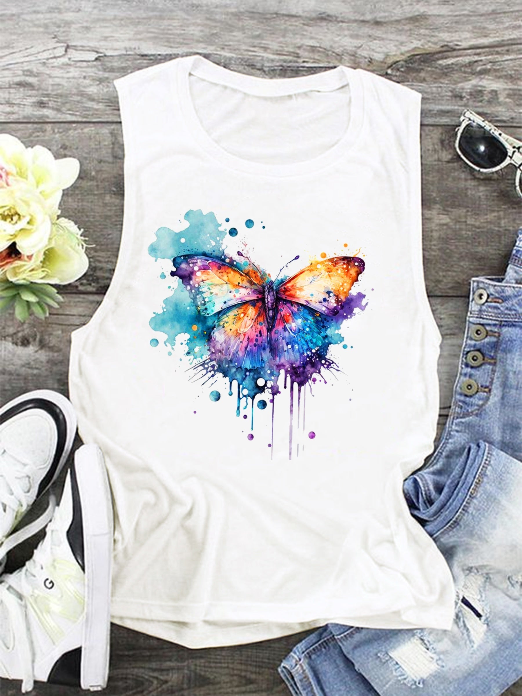 Butterfly Print Tank Top Casual Crew Neck Summer Sleeveless Top