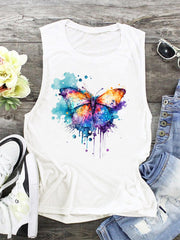 Butterfly Print Tank Top Casual Crew Neck Summer Sleeveless Top