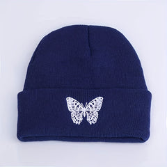 Butterfly Embroidery Beanie Unisex Warm Elastic Skull Cap