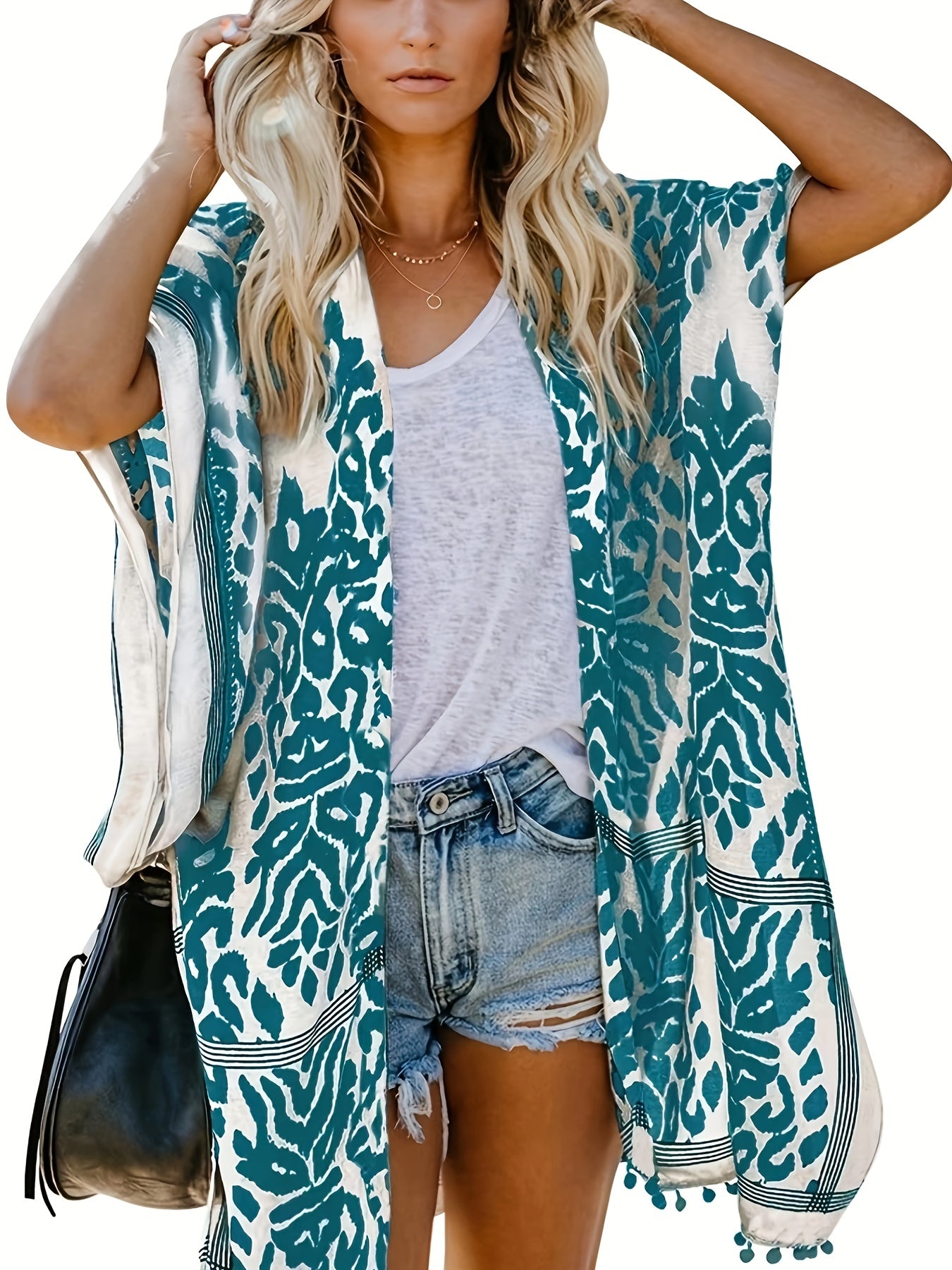 Pom Pom Decor Trim Cover Up Cardigan Batwing Sleeve Beach Cover Up