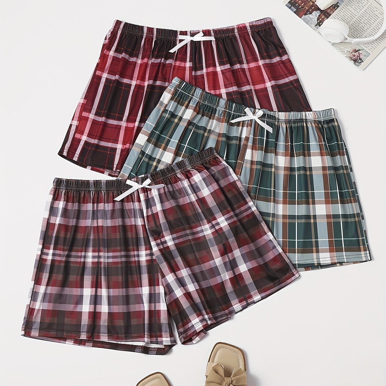 3 Pack Plus Size Plaid Print Lounge Shorts Set