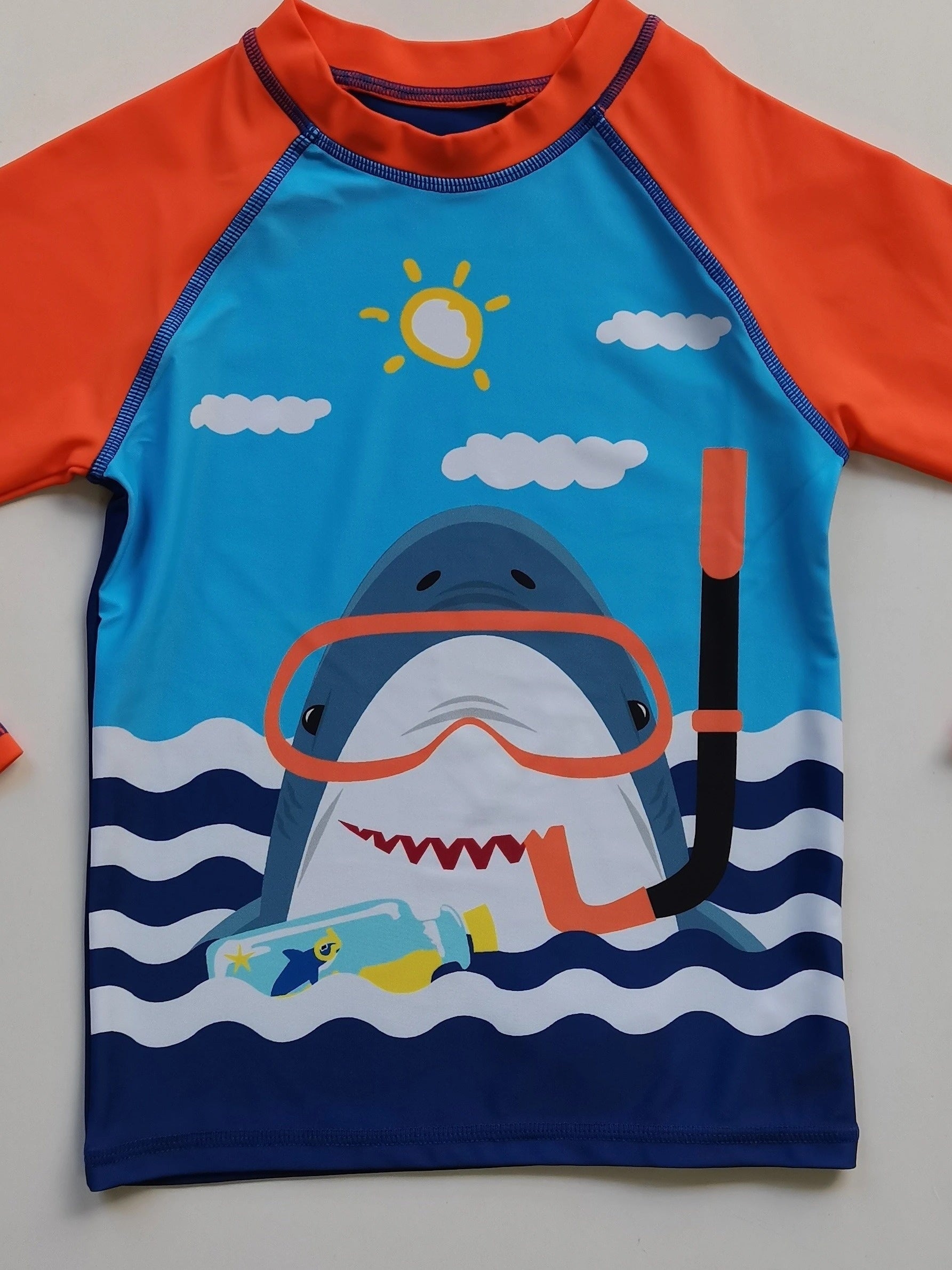 Boys Shark Print Swimming Suit Trunks & Tops & Cap Short Sleeves
