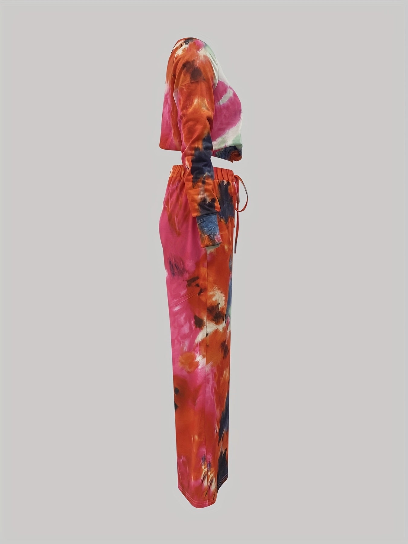 Casual Tie Dye Two-piece Set Long Sleeve Crop Top & Pants Outfit