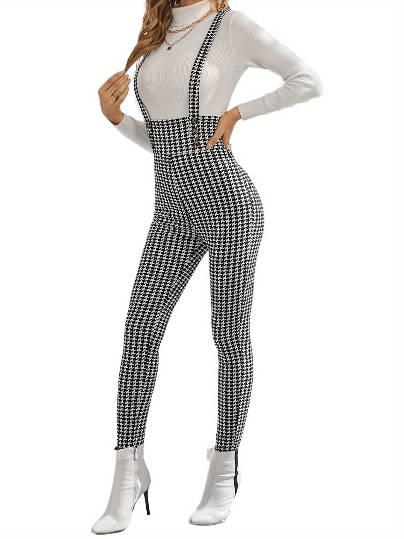 Houndstooth Print Overall Jumpsuit Casual Slim Button Overall Jumpsuit