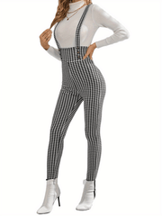 Houndstooth Print Overall Jumpsuit Casual Slim Button Overall Jumpsuit