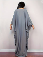 Boho Cover Up Solid Batwing Sleeve V Neck Split Maxi Beach Dress