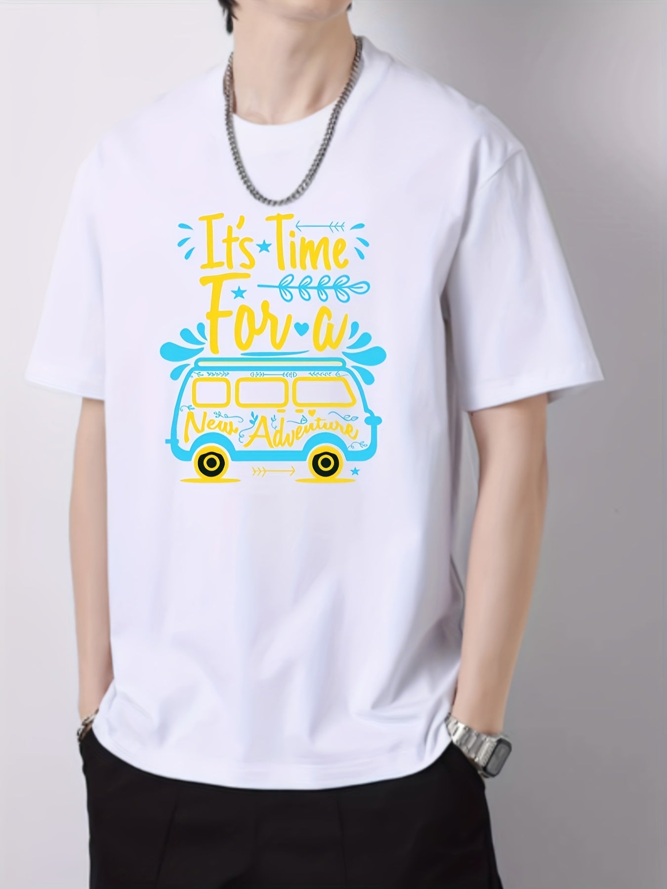 Men's Car Print Short Sleeve T-shirt Loose Fit Casual Top