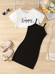 2pcs Toddler Girls BE HAPPY Graphic T Shirts & Cami Dress Set