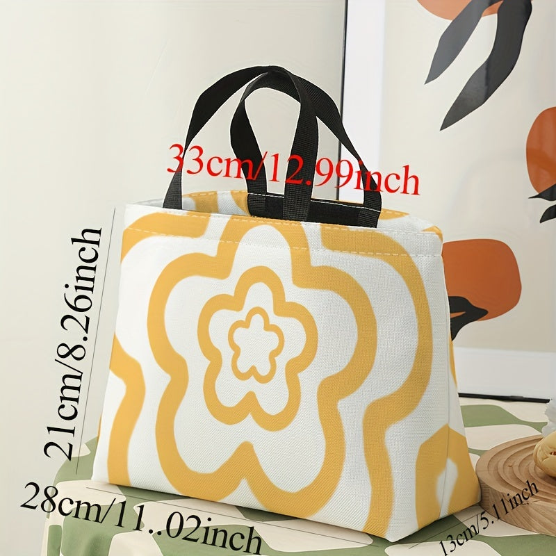 Yellow Flower Pattern Lunch Bag Waterproof Thermal Insulated for Camping Picnic