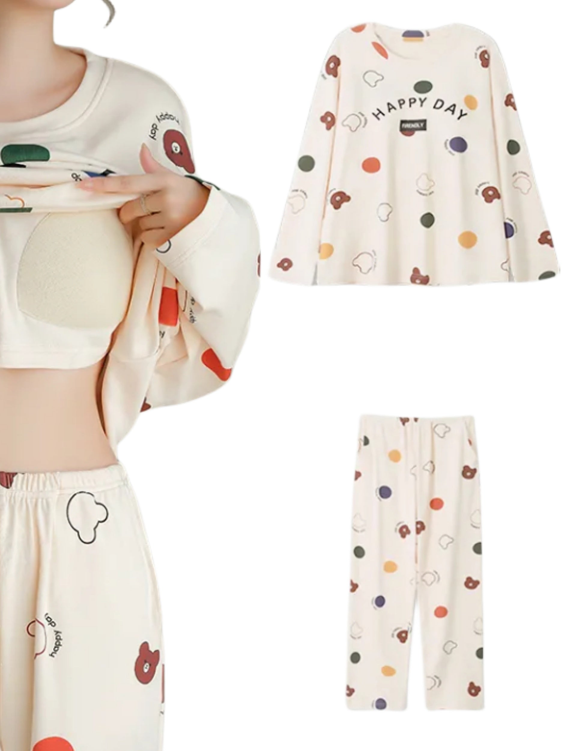 Bear Print Pajama Set Long Sleeve Crew Neck Top & Pants Women's Sleepwear
