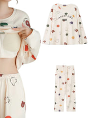 Bear Print Pajama Set Long Sleeve Crew Neck Top & Pants Women's Sleepwear