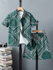 Paisley Pattern Boy's Hawaiian Shirt & Shorts Set for Beach Vacation