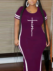 Women's Plus Art Letter & Stripe Print Dress