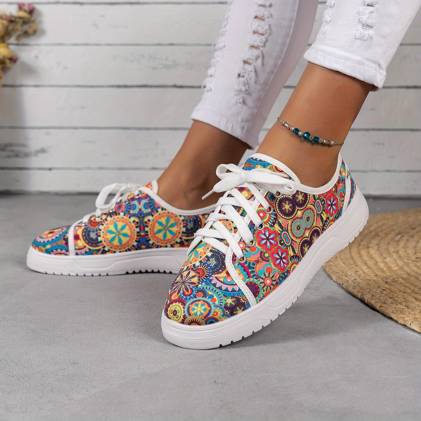 Women's Colorful Print Canvas Sneakers Lace Up Low Top Flat Shoes