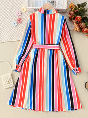 Girls' Stripe Long Sleeve Collared Shirt Dress With Belt