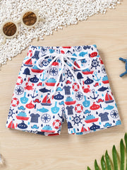 Boys Cartoon Print Drawstring Waist Shorts Swimsuit Trunk