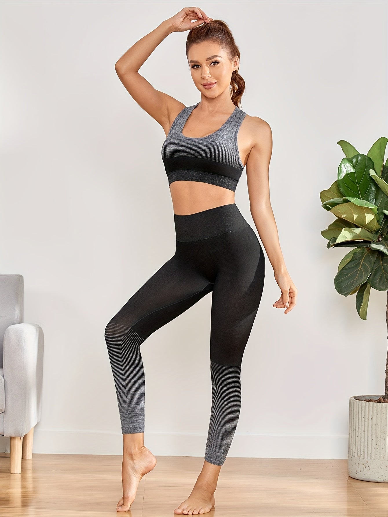 2pcs Ombre Yoga Workout Sets Sleeveless Sports Bra & High Waist Fitnes