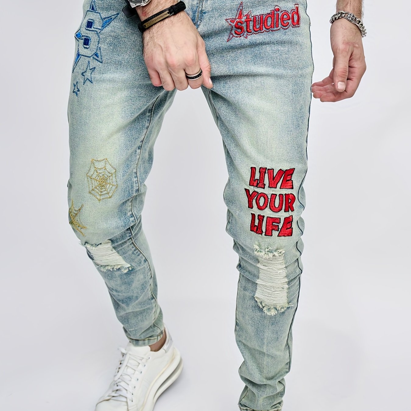 Slim Fit Ripped Jeans Men's Street Style Denim Pants