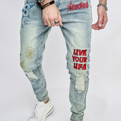 Slim Fit Ripped Jeans Men's Street Style Denim Pants