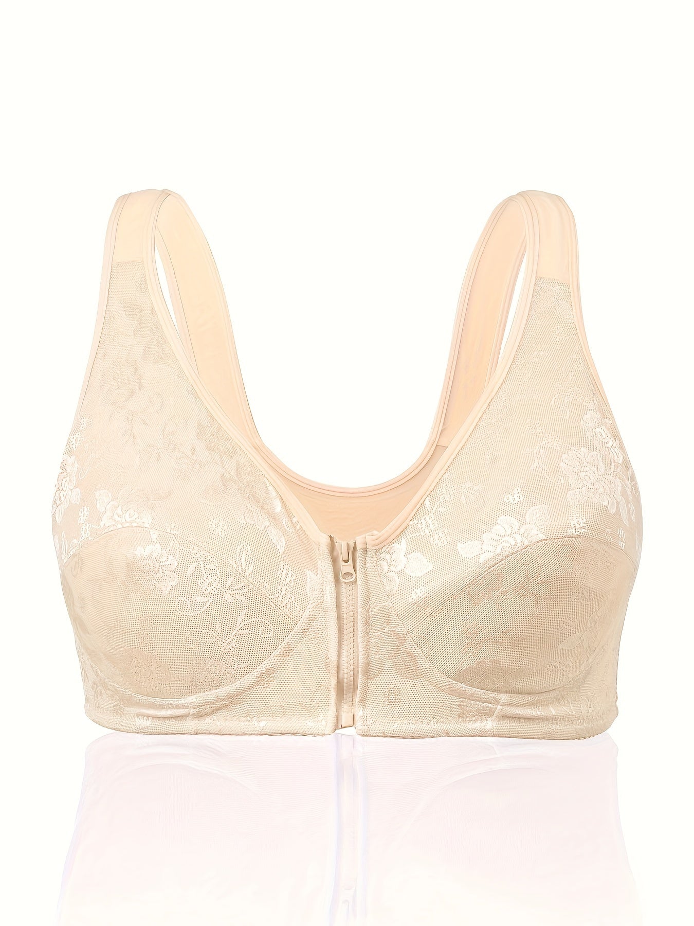 Plus Size Women's Floral Jacquard Zipper Front T-shirt Bra