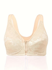 Plus Size Women's Floral Jacquard Zipper Front T-shirt Bra