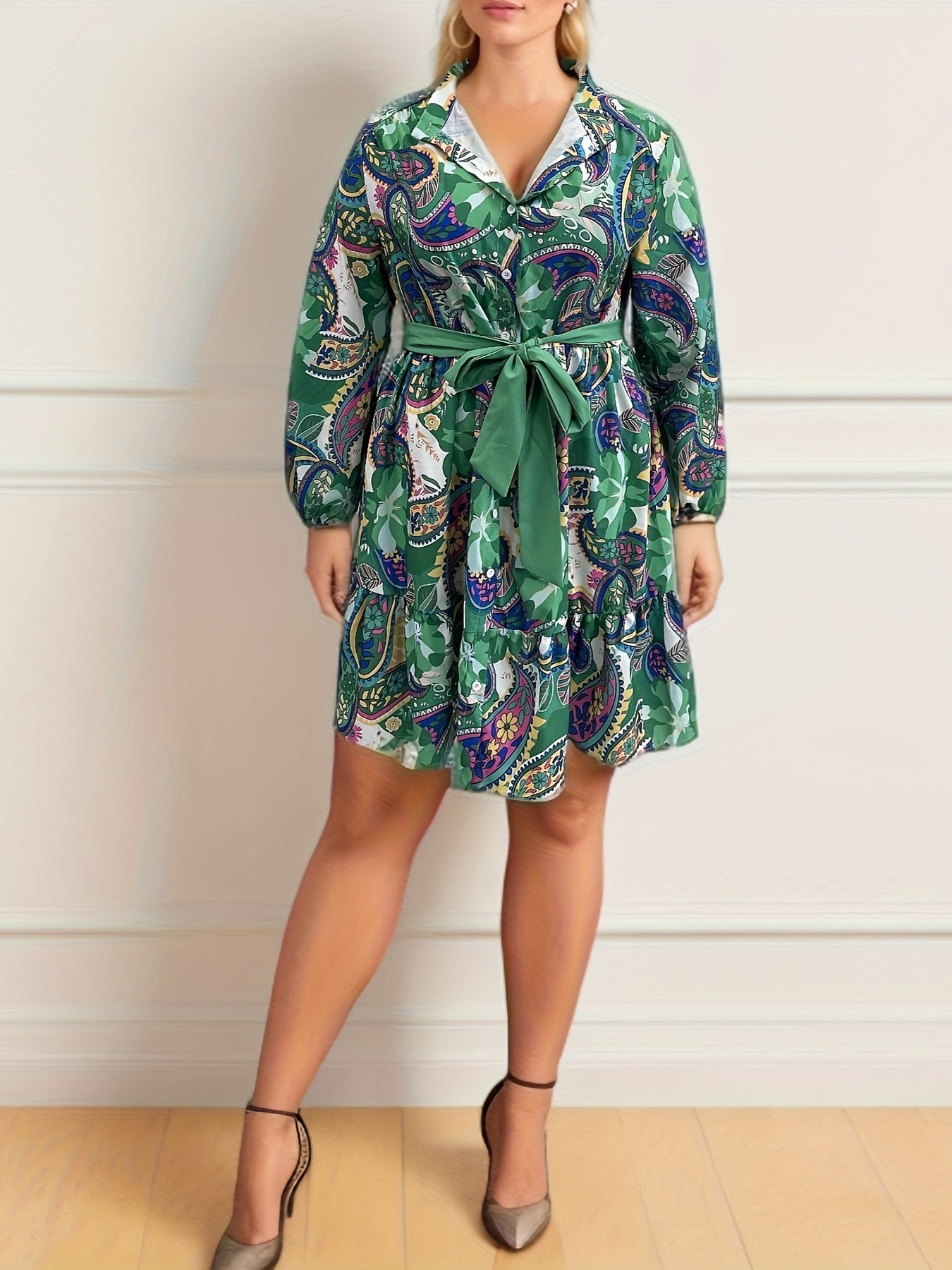Women's Plus Paisley Floral Print Lantern Sleeve Dress
