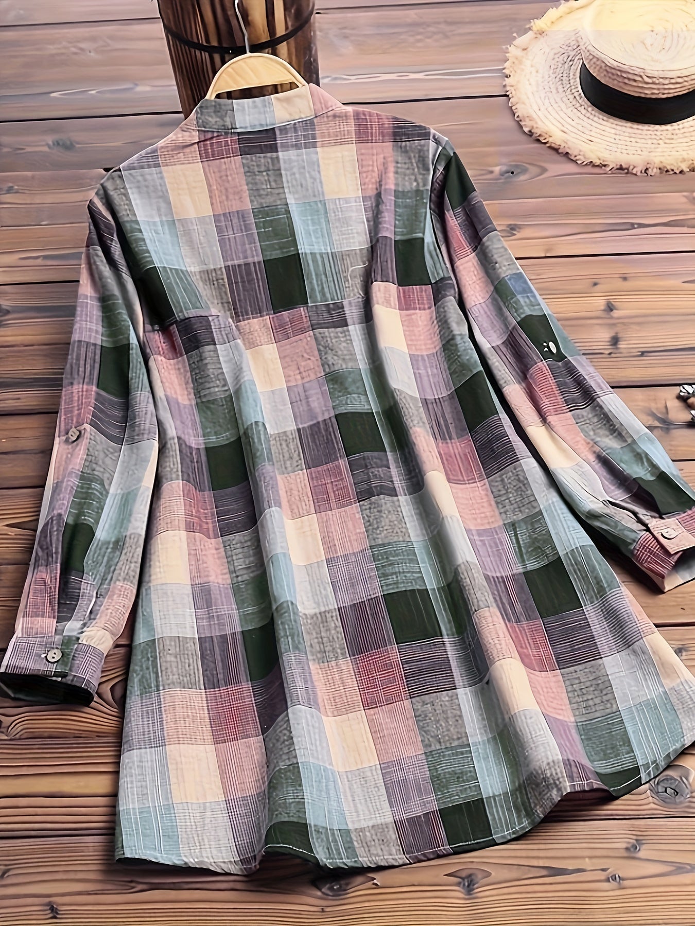 Colorblock Grid Print Button Up Blouse