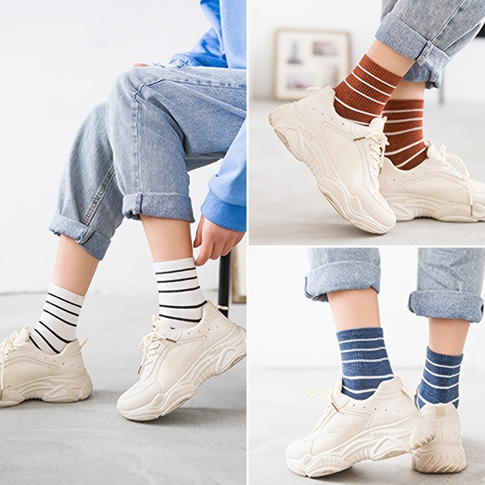 6 Pairs Women Socks Classic Striped Crew Socks Combed Cotton Athletic Ladies Soc
