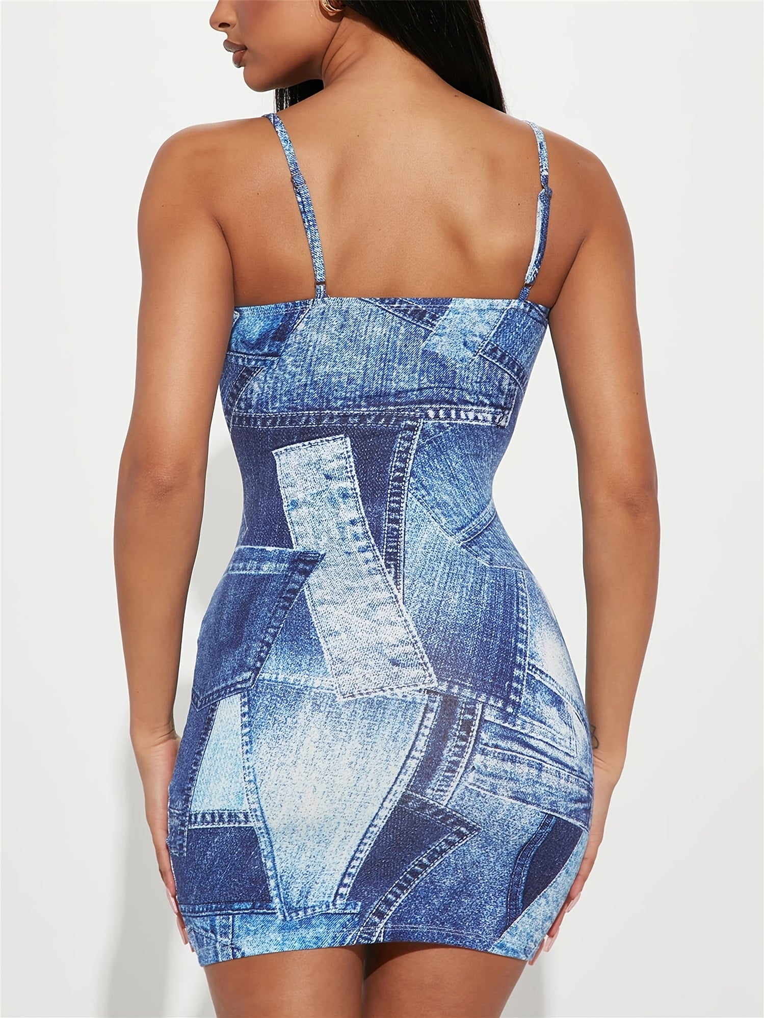 Patchwork Print Bodycon Dress Spaghetti Strap Mini Dress