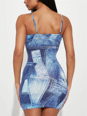 Patchwork Print Bodycon Dress Spaghetti Strap Mini Dress