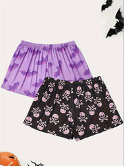 2 Pack Plus Size Gothic Sleepwear Bottoms Set Women's Plus Bat & Skull Print