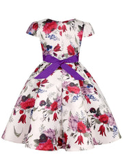Girls Princess Dress Short Sleeve Bow Flowers Print Dress