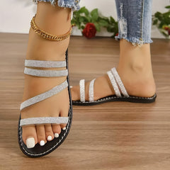 Women's Glitter Flat Slides Open Toe Slip On Beach Sandals