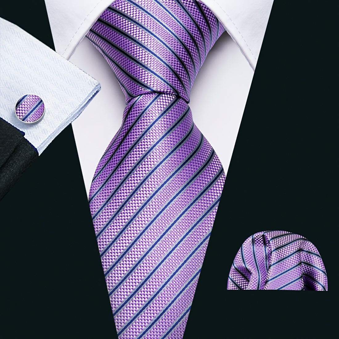 Barry Wang Classic Purple Tie Set Striped Plaid Silk Necktie Pocket Square Cuffl