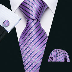 Barry Wang Classic Purple Tie Set Striped Plaid Silk Necktie Pocket Square Cuffl