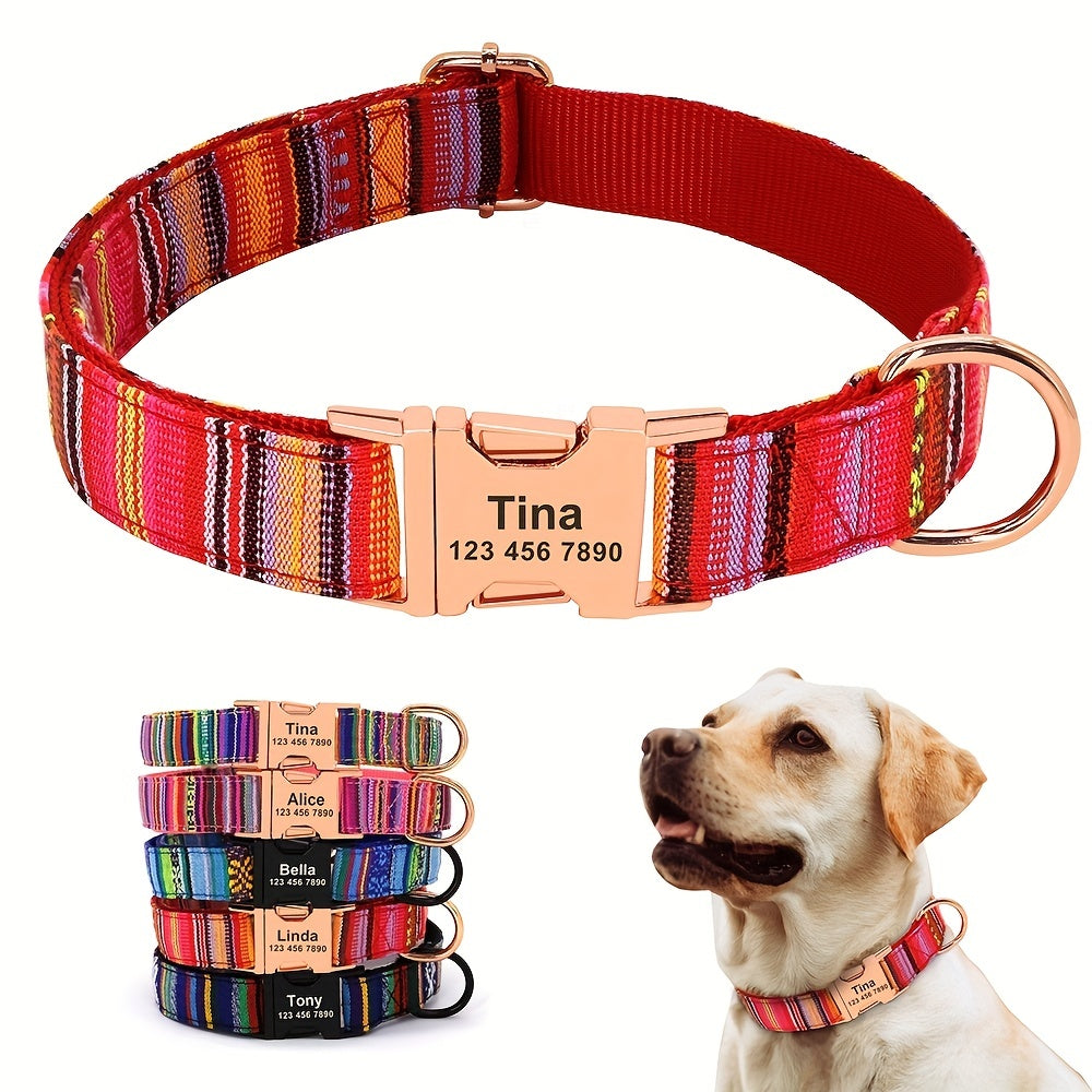 Striped Dog Necklace with ID Tag and Metal Buckle