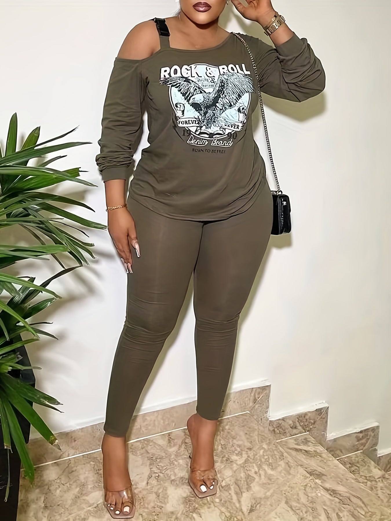 Women's Plus Eagle Print One Shoulder Top & Leggings Set