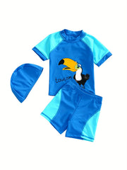 3pcs Boys Big Bird Graphic Tee Top & Shorts & Swim Cap Set