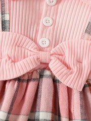 Baby Girls Plaid Bowknot Decor Dress Ruffled Sleeves Princess Dresses